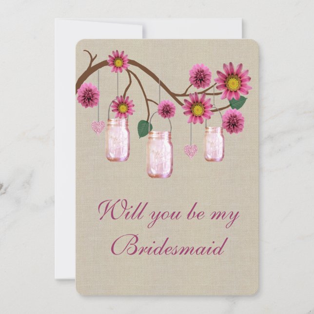 Burlap Rustikale Pink Mason Jars Bridesmaid Card Einladung (Vorderseite)