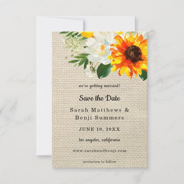 Burlap Sonnenblumen und Weiße Blüten Save the Date (Vorderseite)