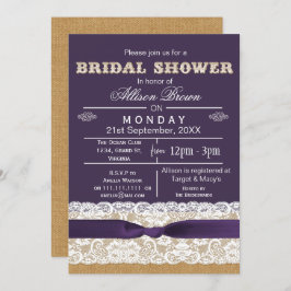 Burlap, Spitzen, lila rustikales Brautparty lädt e Einladung