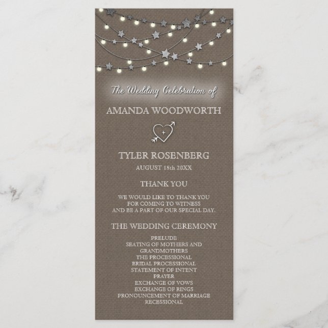 Burlap Star String Lights Rustische Hochzeitsprogr Programm (Vorderseite)