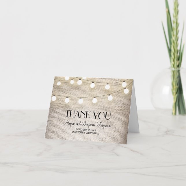 Burlap String Lights Rustic Wedding Vielen Dank Dankeskarte (Vorderseite)