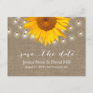 Burlap String Lights & Sunflower Save the Date Ankündigungspostkarte