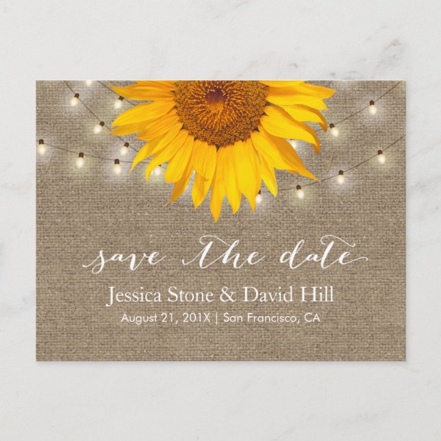 Burlap String Lights & Sunflower Save the Date Ankündigungspostkarte (Vorderseite)
