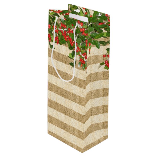 Burlap Strips und Weihnachtsmann Holly Geschenktüte Für Weinflaschen (Vorderseite Schrägansicht)