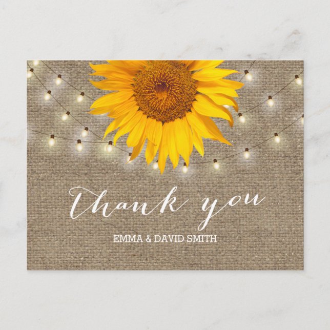 Burlap Sunflower & String Lights Vielen Dank Postkarte (Vorderseite)