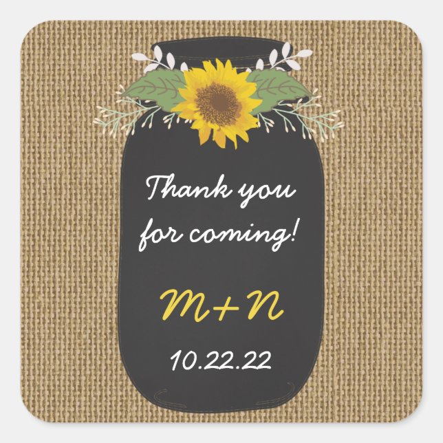 Burlap Sunflowers Chalk Mason Jar vielen Dank Quadratischer Aufkleber (Vorderseite)