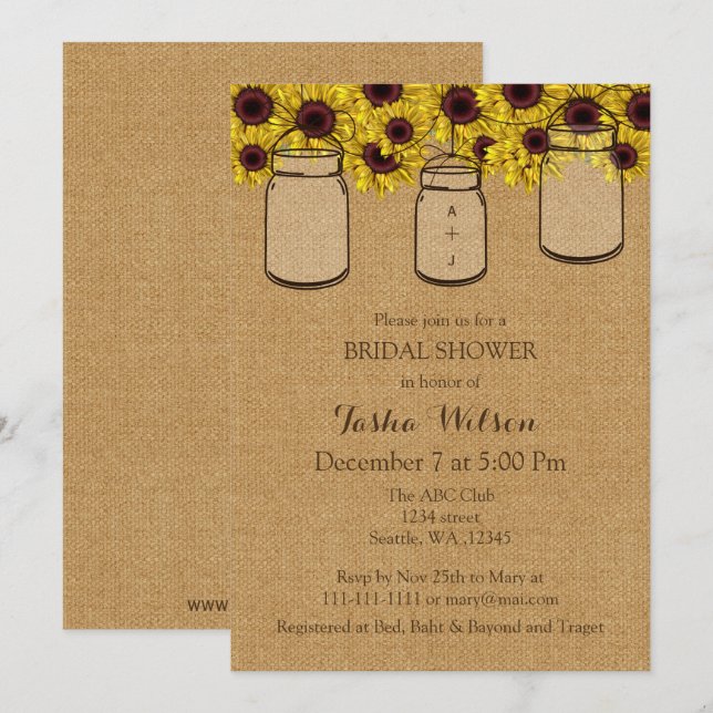 Burlap Sunflowers Mason Jars Brautparty Einladung (Vorne/Hinten)