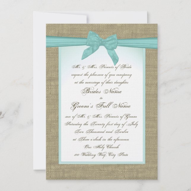 Burlap und Aqua Bow Rustic Wedding Einladung (Vorderseite)