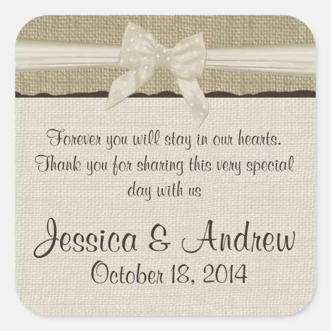 Burlap und Bow Rustic Country Quadratischer Aufkleber (Vorderseite)