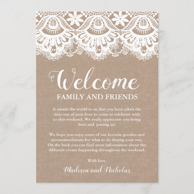 Burlap und Lac Wedding Hotel Welcome Cards, rustik Programm (Vorderseite)