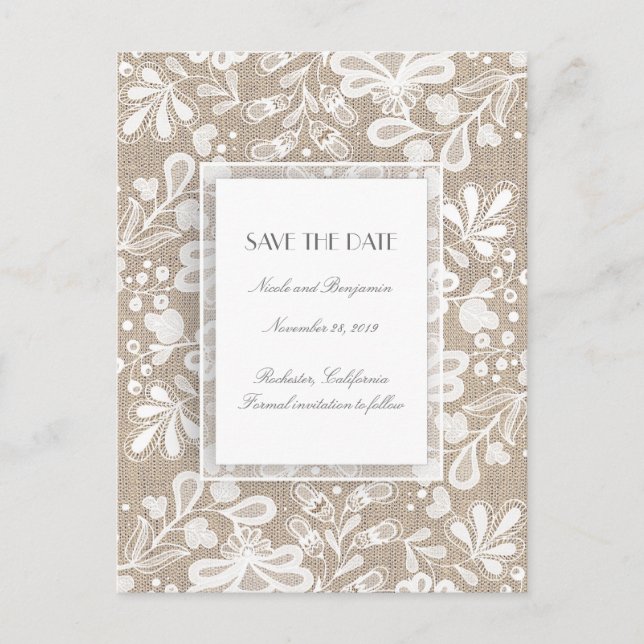 Burlap und Lace Elegant Save the Date Ankündigungspostkarte (Vorderseite)