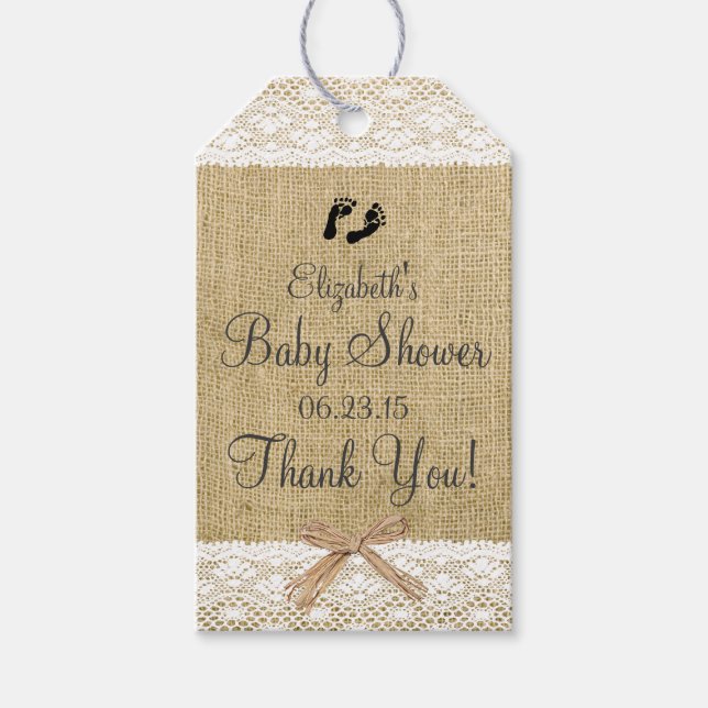 Burlap- und Lace Image- Baby-Dusche Geschenkanhänger (Vorderseite)