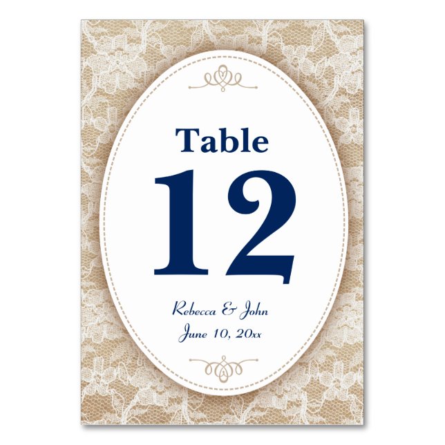 Burlap und Lace mit Navy Blue Number Tischnummer (Vorderseite)