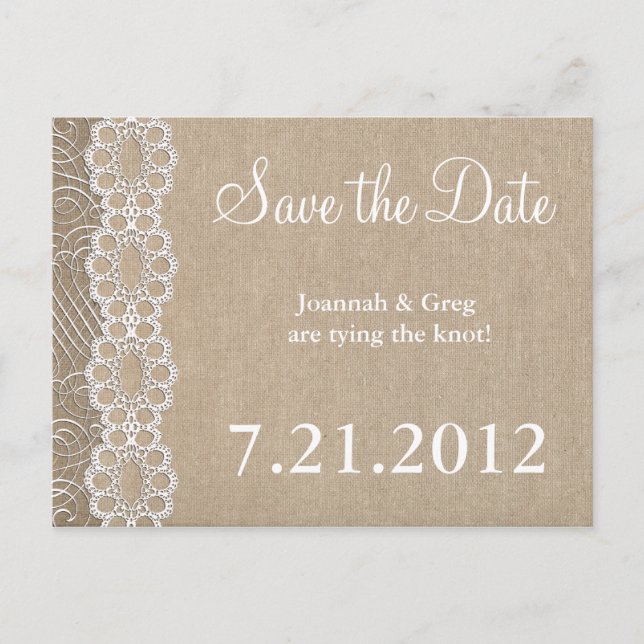 Burlap und Lace Rustic Save the Date Ankündigungspostkarte (Vorderseite)