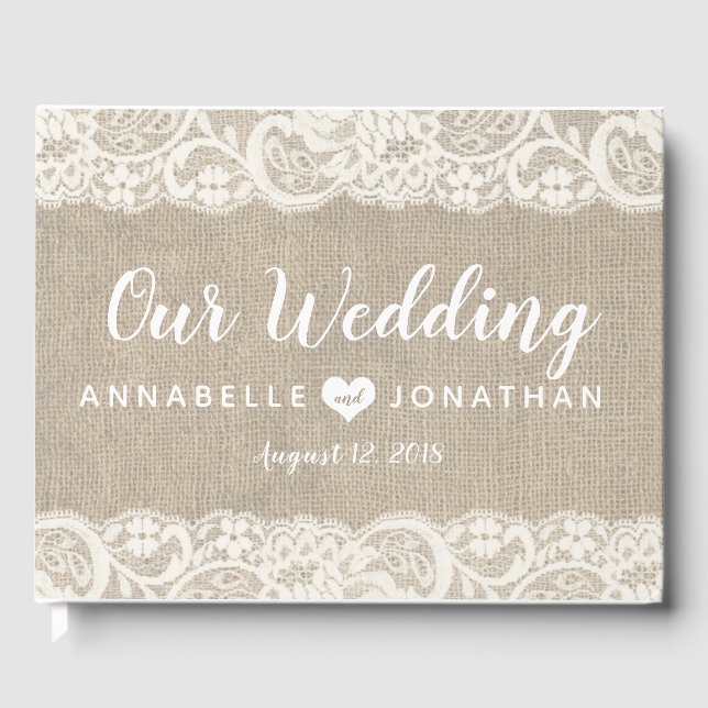Burlap und Lace Rustic Wedding Gästebuch (Vorderseite)