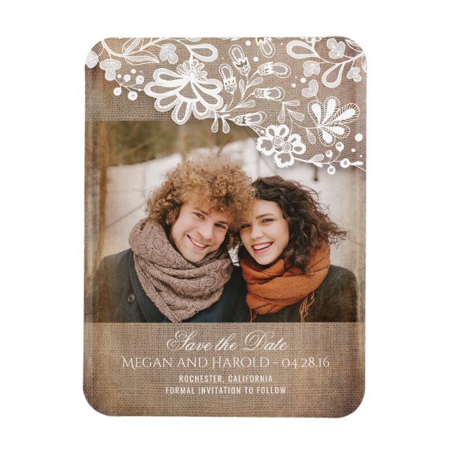 Burlap- und Lace Rustikales Foto Save the Date Magnet (Vertikal)