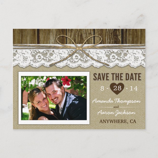 Burlap und Lace Save the Date Hochzeitkarten Ankündigungspostkarte (Vorderseite)