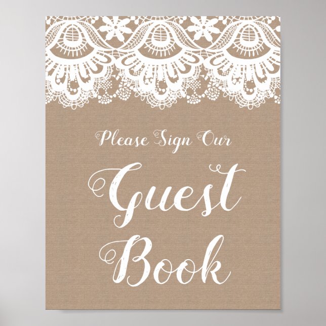 Burlap und Lace Wedding Guest Book Sign Poster (Vorne)