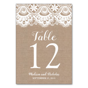 Burlap- und Lace Wedding Tischnummer Cards, rustik