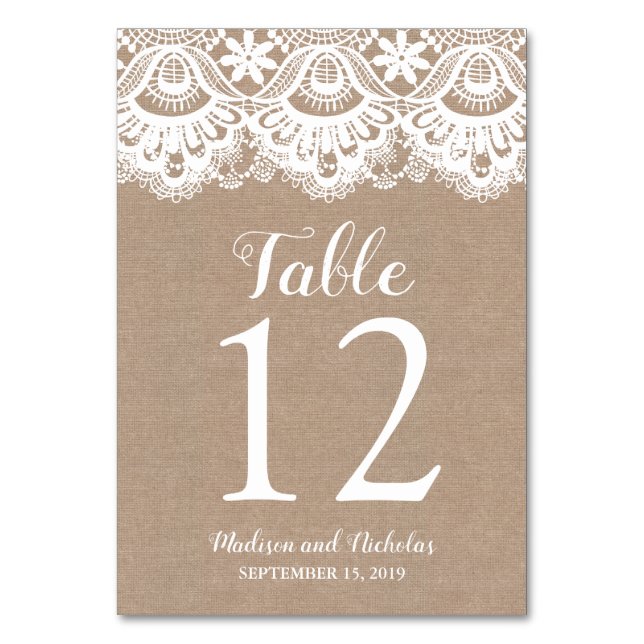 Burlap- und Lace Wedding Tischnummer Cards, rustik (Vorderseite)