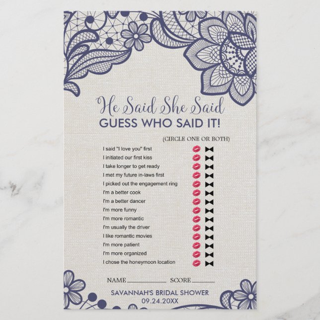 Burlap und Marinestütze "He Said She" Spiel (Vorderseite)