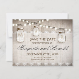 Burlap- und Mason-Glas speichern Dattelkarten Save The Date