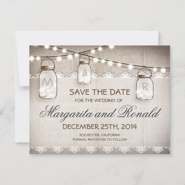 Burlap- und Mason-Glas speichern Dattelkarten Save The Date (Vorderseite)