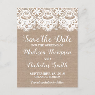 Burlap- und Spitzen-Save the Date Postkarten, rust Postkarte