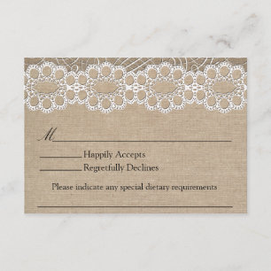 Burlap- und Vintag Lace Shabby Chic Wedding RSVP Karte