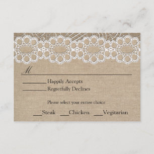 Burlap- und Vintag Lace Shabby Chic Wedding RSVP Karte