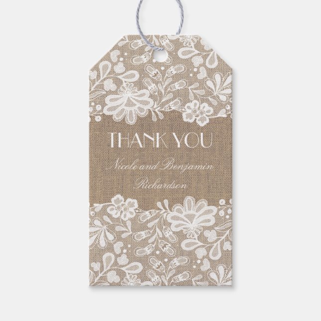 Burlap- und Vintage Blumenhochzeit Geschenkanhänger (Vorderseite)