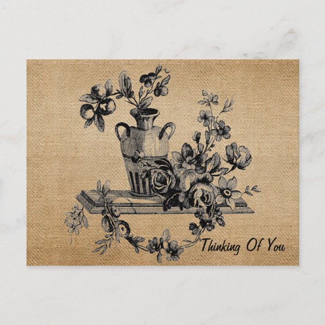 Burlap Vintage Blume in Vase Thinking Sie Postkarte (Vorderseite)