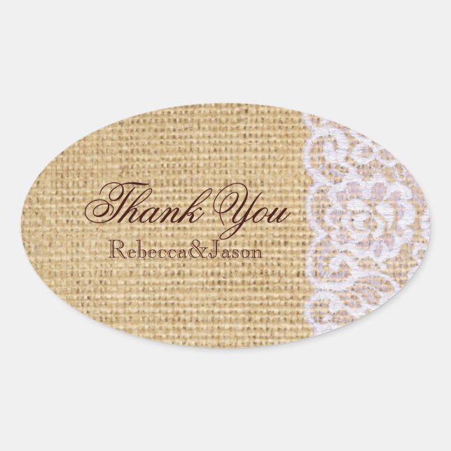 Burlap weißen Spitzen Land rustikale Hochzeit dank Ovaler Aufkleber (Vorderseite)