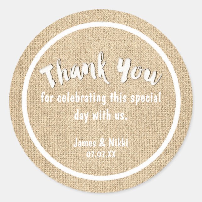 Burlap white DANKE IHNEN Rustikale Hochzeitsticker Runder Aufkleber (Vorderseite)