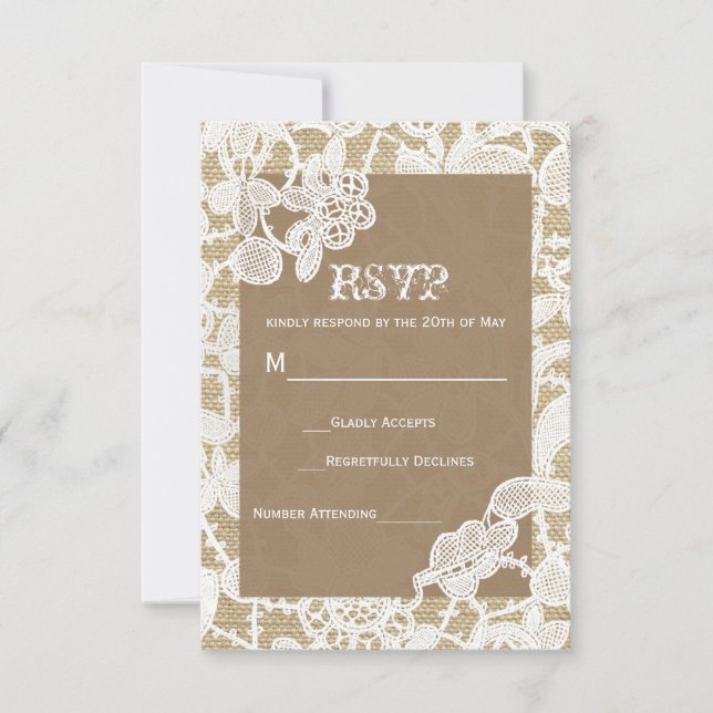 Burlap & White Floral Lace Rustic Wedding RSVP (Vorderseite)