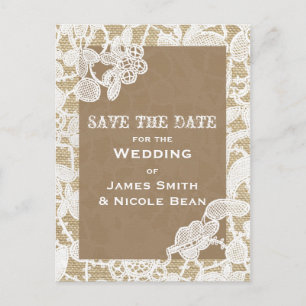 Burlap & White Floral Lace Rustikal Save the Date Ankündigungspostkarte