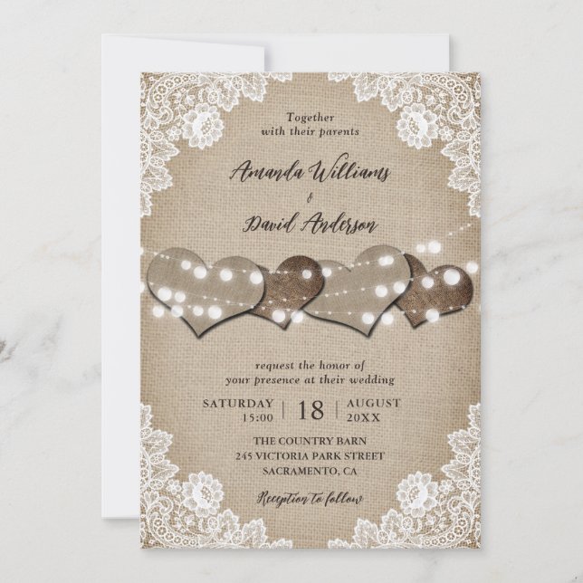 Burlap White Floral Lace String Lights Wedding Einladung (Vorderseite)