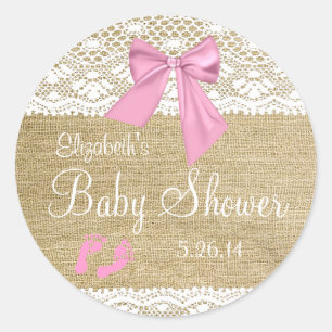 Burlap, White Lace, Pink Bow Baby Dusche Runder Aufkleber