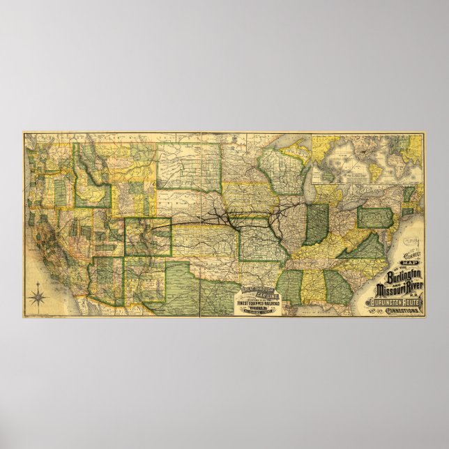 Burlington & Missouri River Railroad Map (1882) Poster (Vorne)