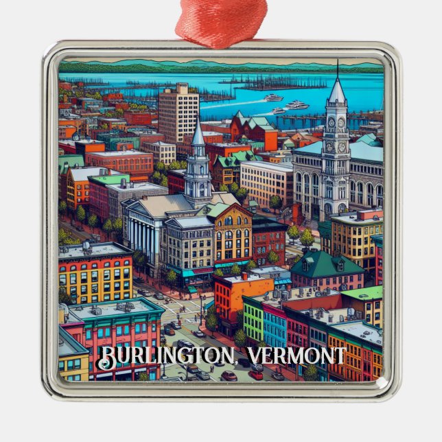 Burlington, Vermont Comic Book Style Art Ornament Aus Metall (Vorne)