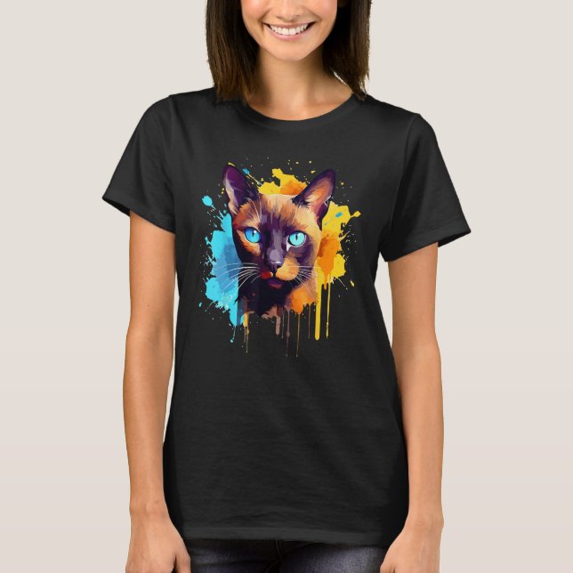 Burmese Cat Face Colorful Splash Art T-Shirt (Vorderseite)