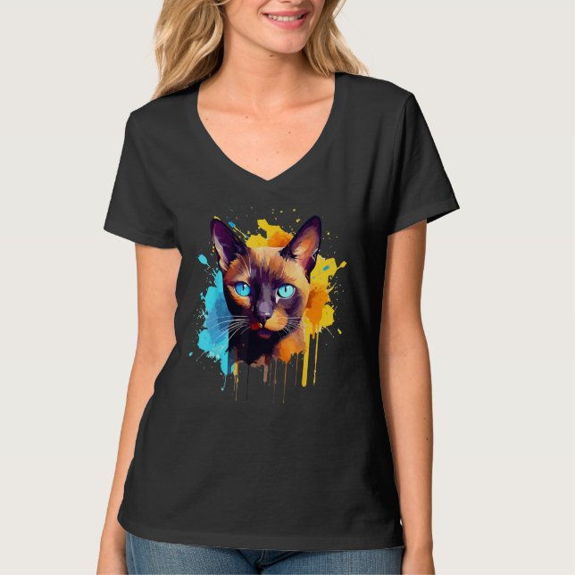 Burmese Cat Face Colorful Splash Art T-Shirt (Vorderseite)