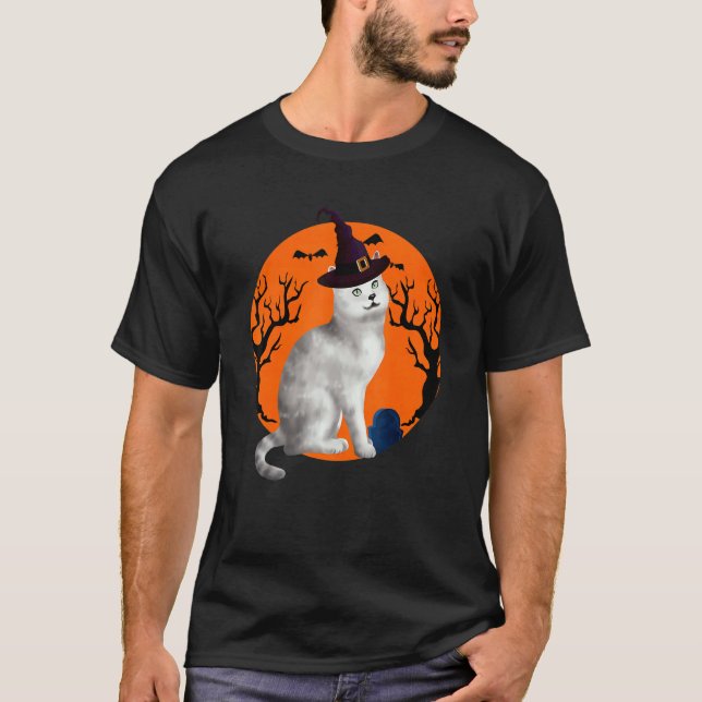 Burmilla Cat Halloween Hexenhut und Mond T-Shirt (Vorderseite)