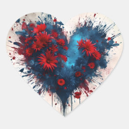 Burning Blue Heart mit Roten Blume Herz-Aufkleber