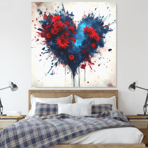 Burning Blue Heart mit Roten Blume Leinwanddruck
