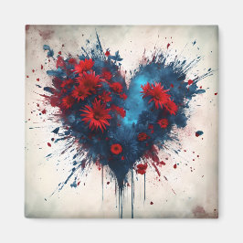 Burning Blue Heart mit Roten Blume Magnet