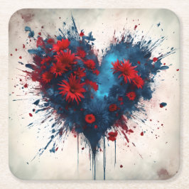Burning Blue Heart mit Roten Blume Rechteckiger Pappuntersetzer