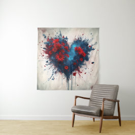 Burning Blue Heart mit Roten Blume Wandteppich