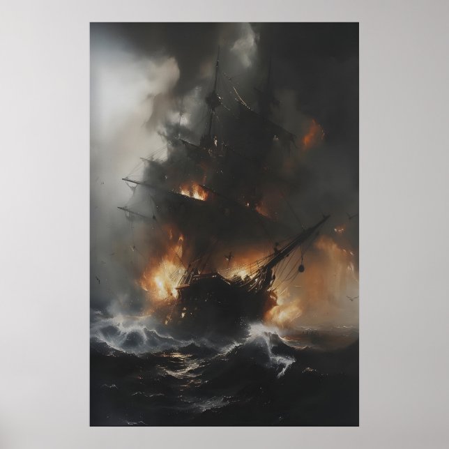 Burning Pirate Ship in Stormy Ocean Gothic Nautica Poster (Vorne)