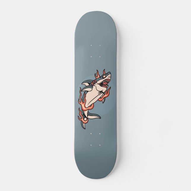 Burning Shark Flaming Tattoo Style Illustration Skateboard (Vorderseite)